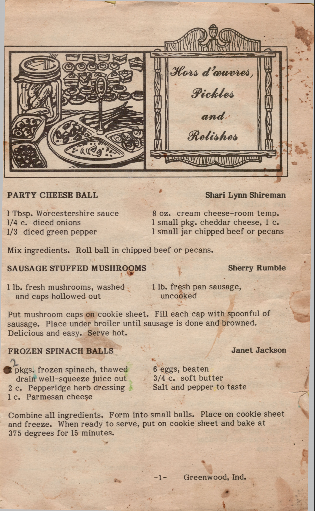 First page of the stained 1984 Greenwood Jaycees cookbook